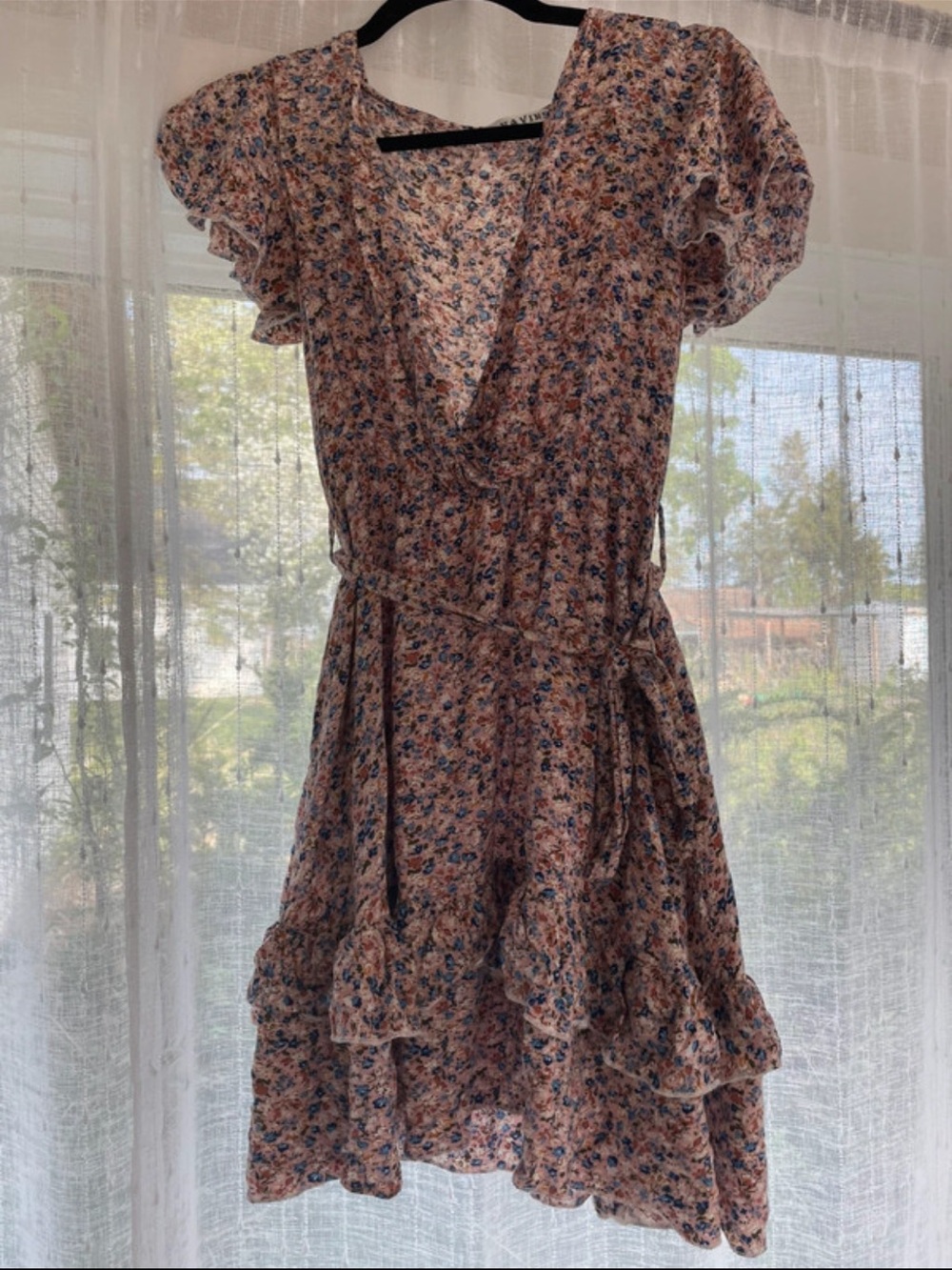 Pink Floral Ruffle Wrap Mini Dress